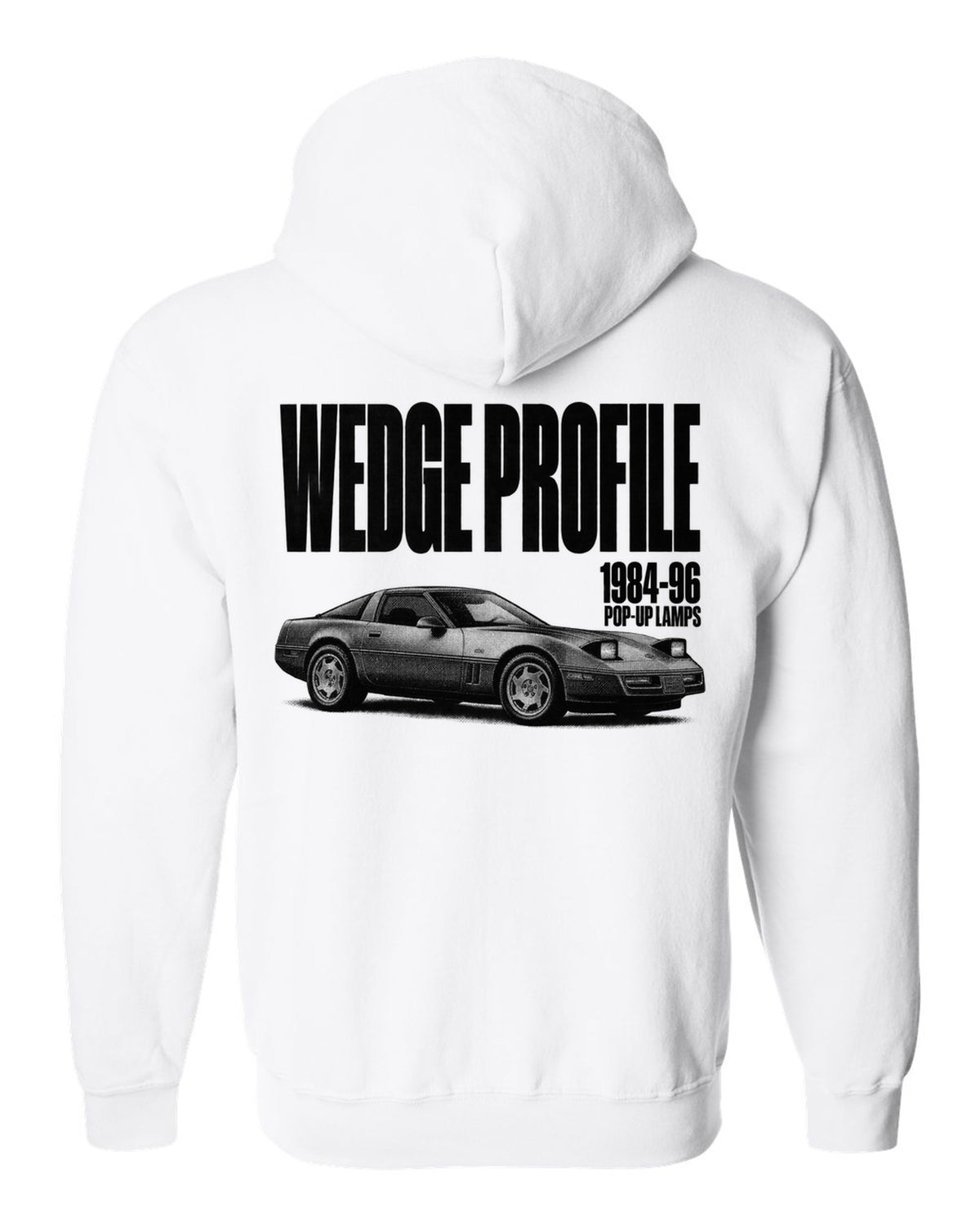 Chevrolet Corvette C4 1989 coupe wedge profile halftone print white zip hoodie back view with the design
