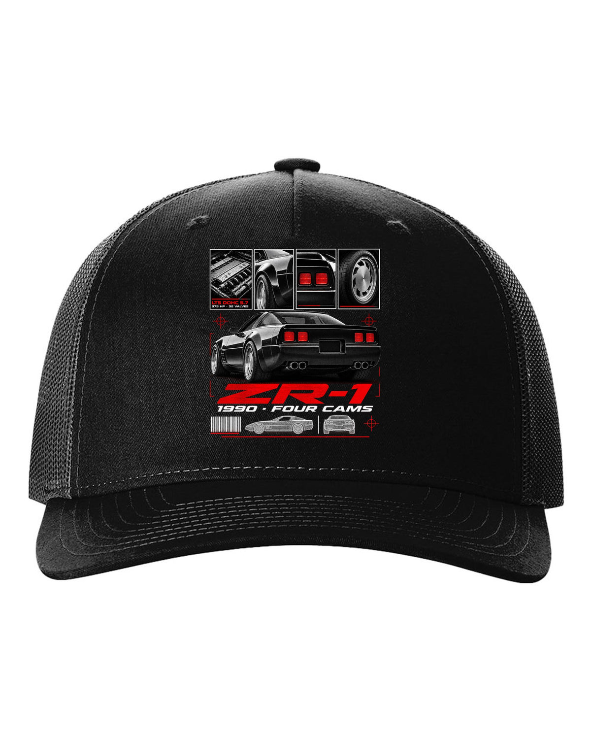 Chevrolet Corvette C4 ZR-1 1990 LT5 dossier print wide rear black hat front view with the design