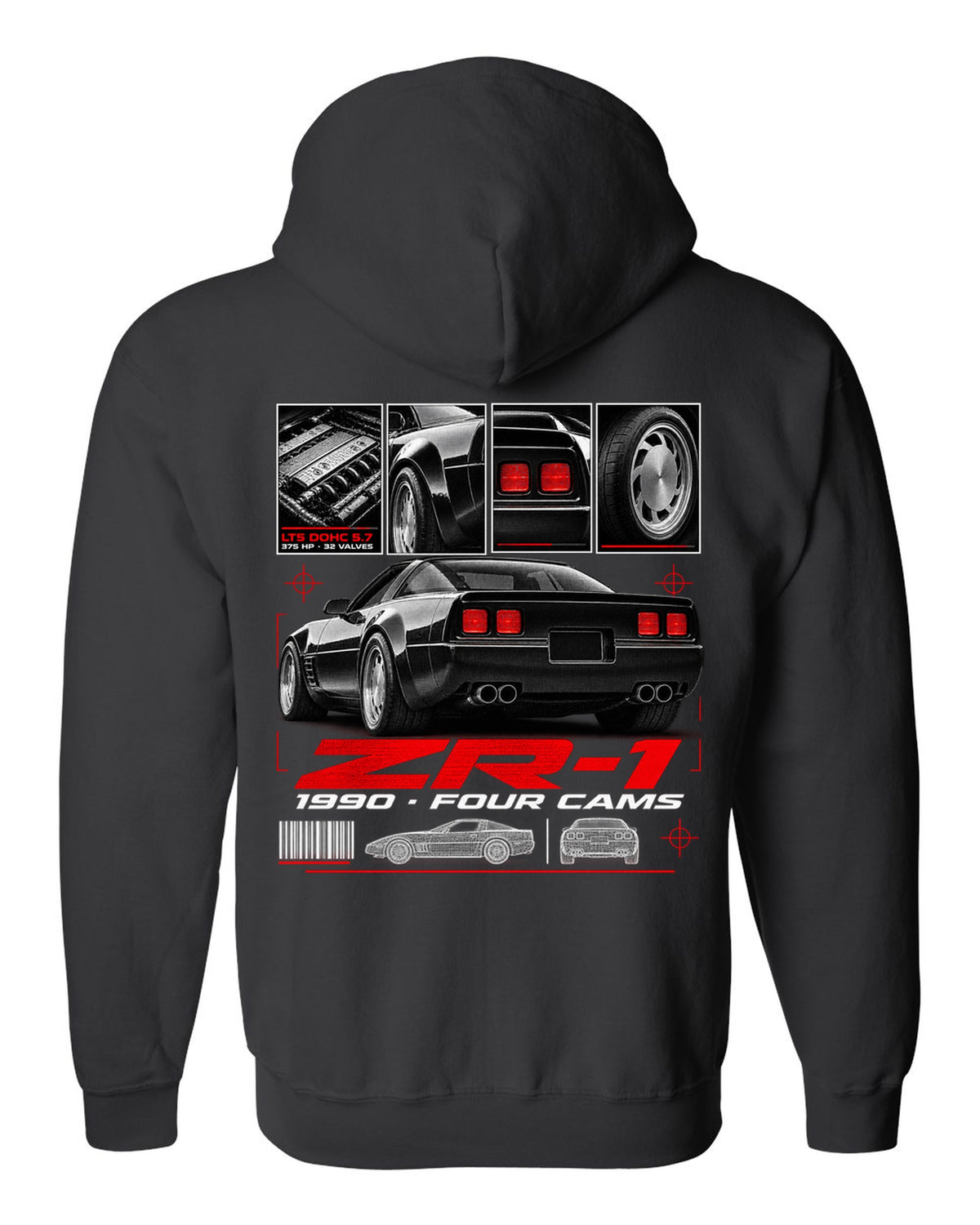 Chevrolet Corvette C4 ZR-1 1990 LT5 dossier print wide rear black zip hoodie back view with the design