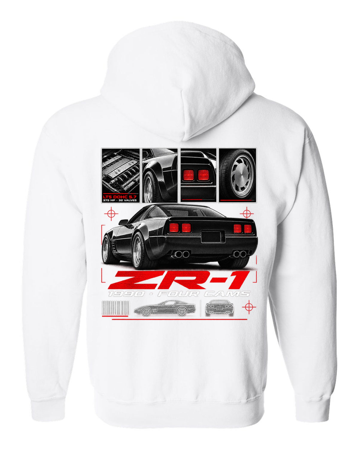 Chevrolet Corvette C4 ZR-1 1990 LT5 dossier print wide rear white zip hoodie back view with the design