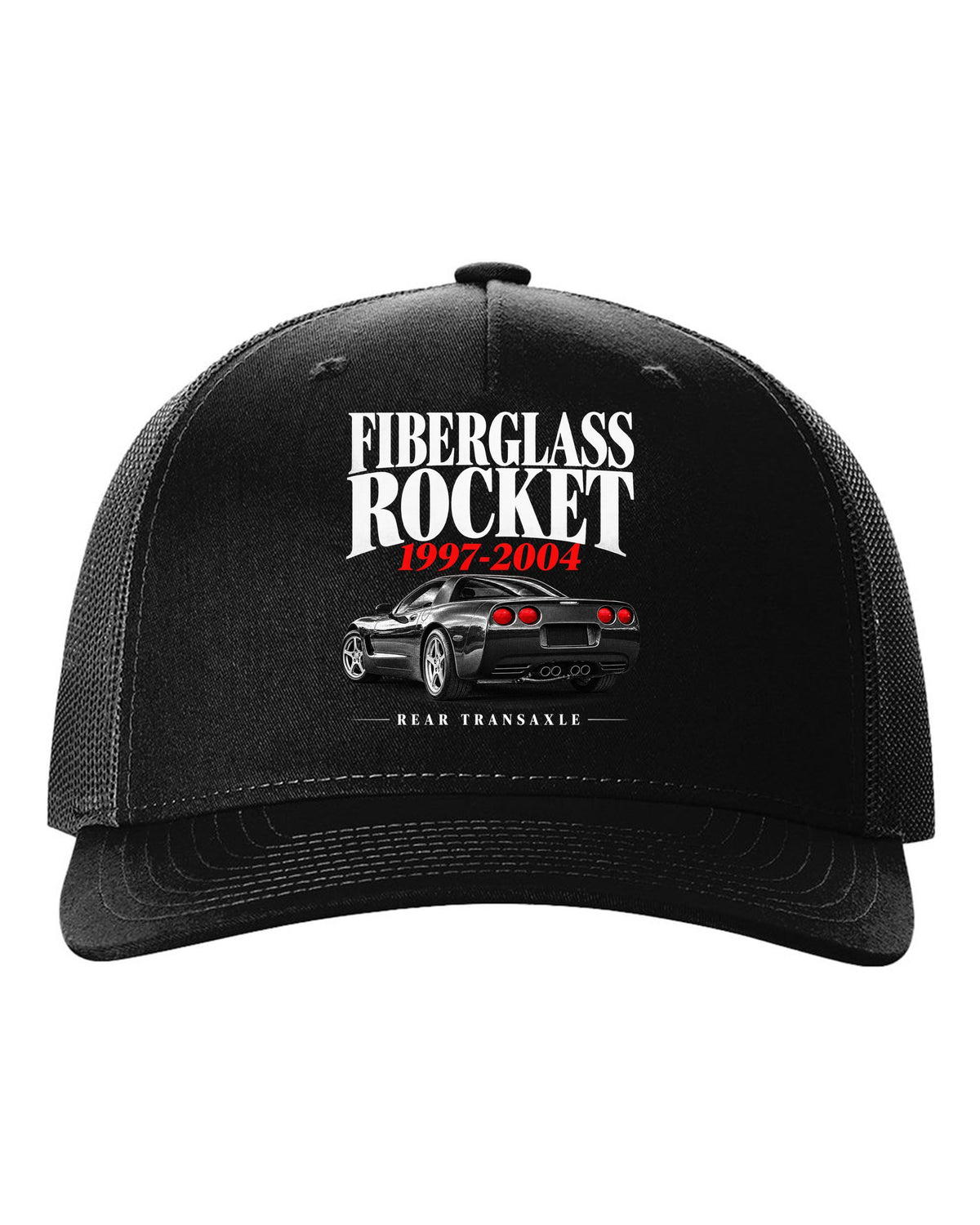 Corvette C5 coupe editorial headline print with rear transaxle text black hat front view with the design