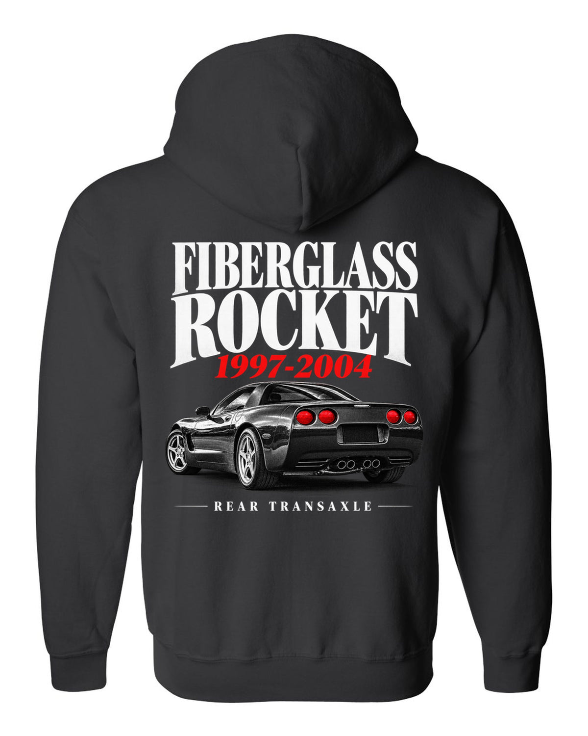 Corvette C5 coupe editorial headline print with rear transaxle text black zip hoodie back view with the design