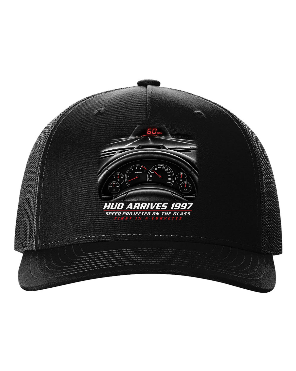 Corvette C5 heads-up display and gauge cluster print black hat front view with the design