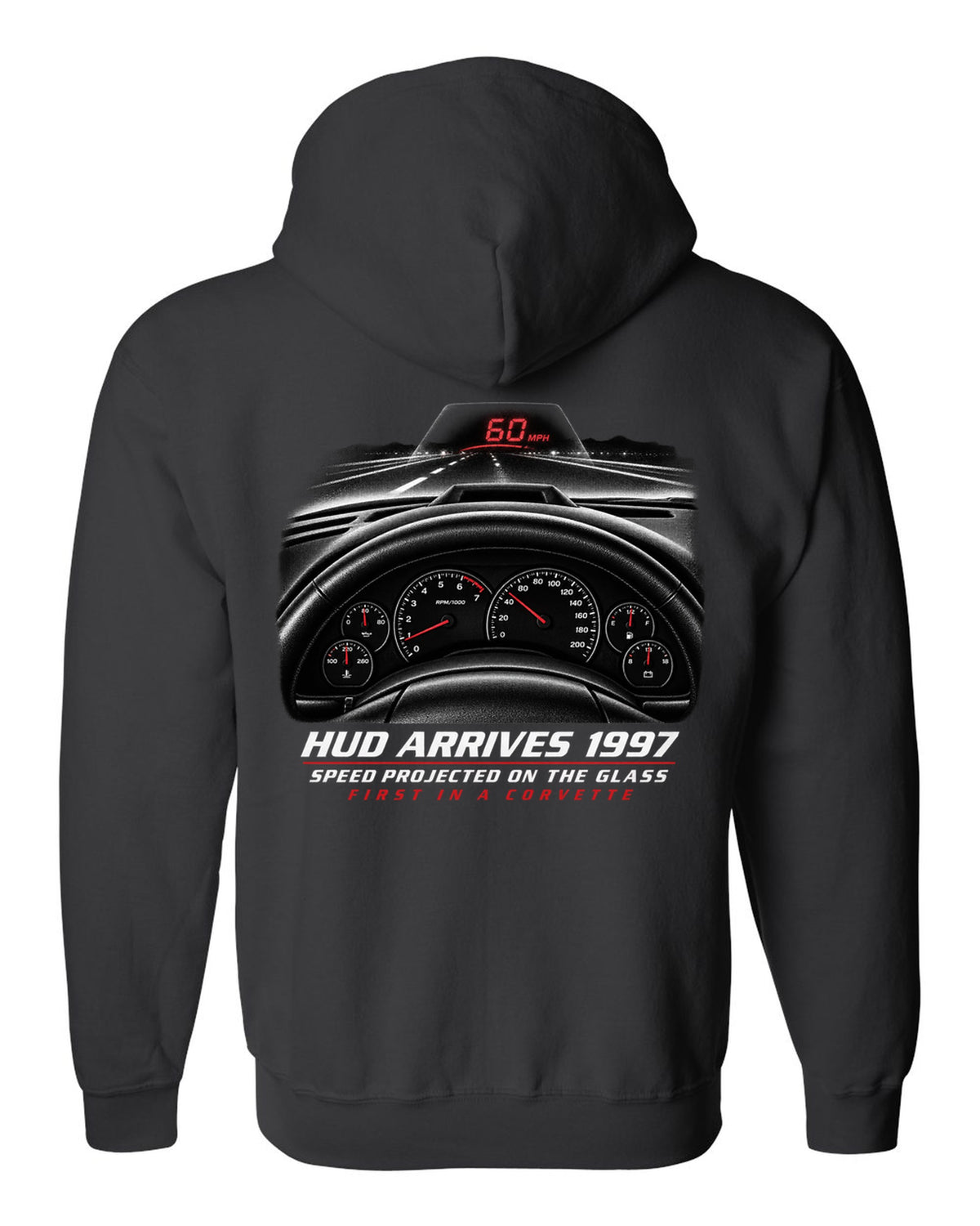 Corvette C5 heads-up display and gauge cluster print black zip hoodie back view with the design