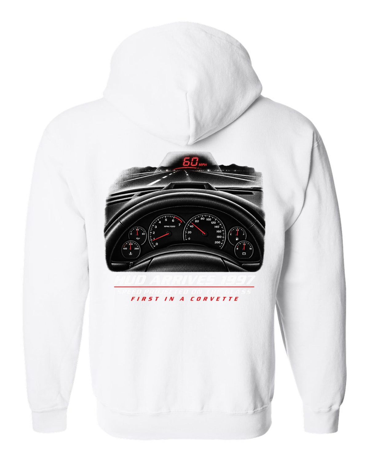 Corvette C5 heads-up display and gauge cluster print white zip hoodie back view with the design