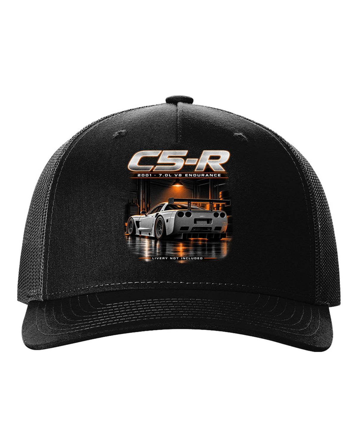 Corvette C5-R race car with big rear wing in a night garage black hat front view with the design