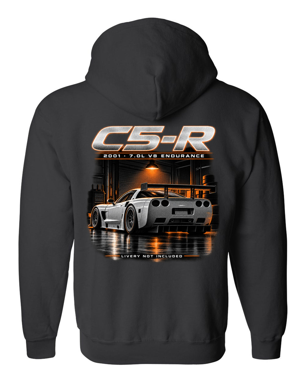 Corvette C5-R race car with big rear wing in a night garage black zip hoodie back view with the design