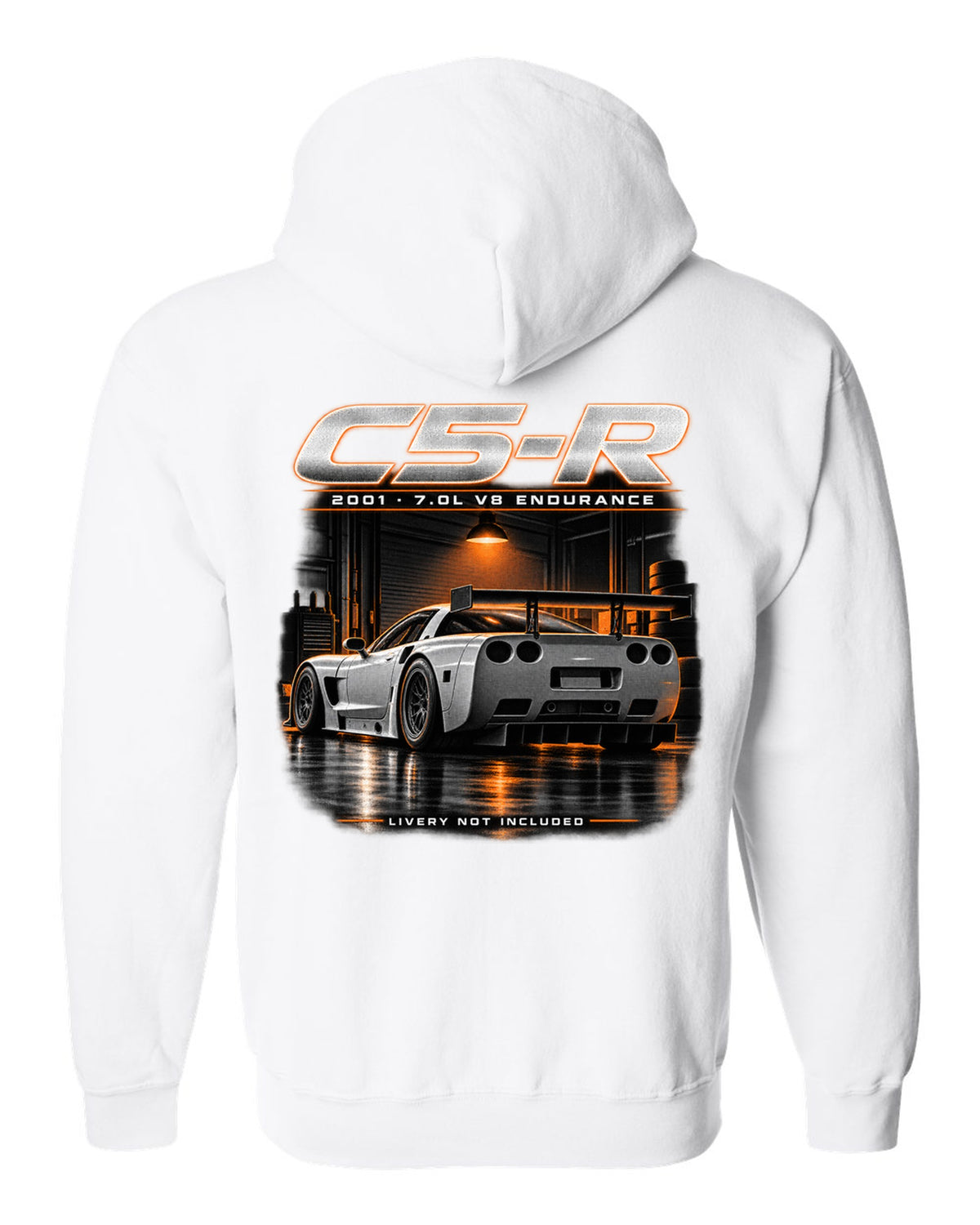 Corvette C5-R race car with big rear wing in a night garage white zip hoodie back view with the design