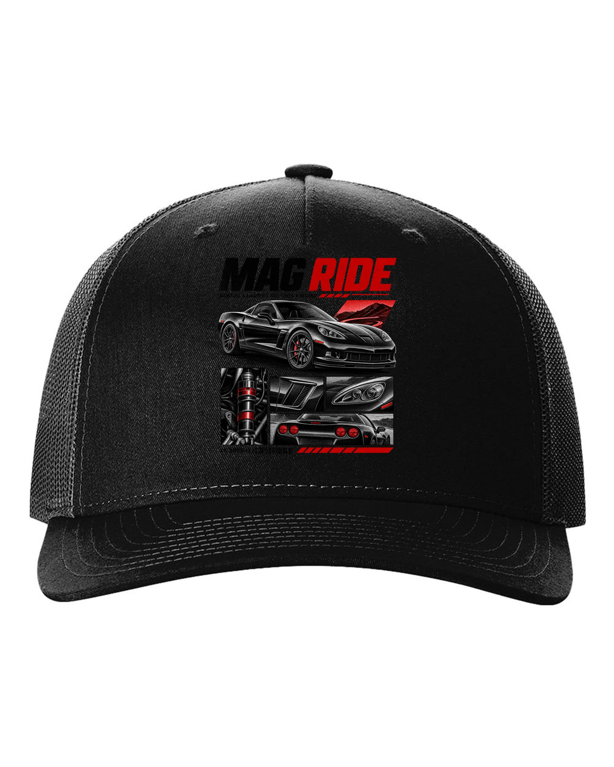 Corvette C6 coupe in dossier panels with magnetic ride text black hat front view with the design