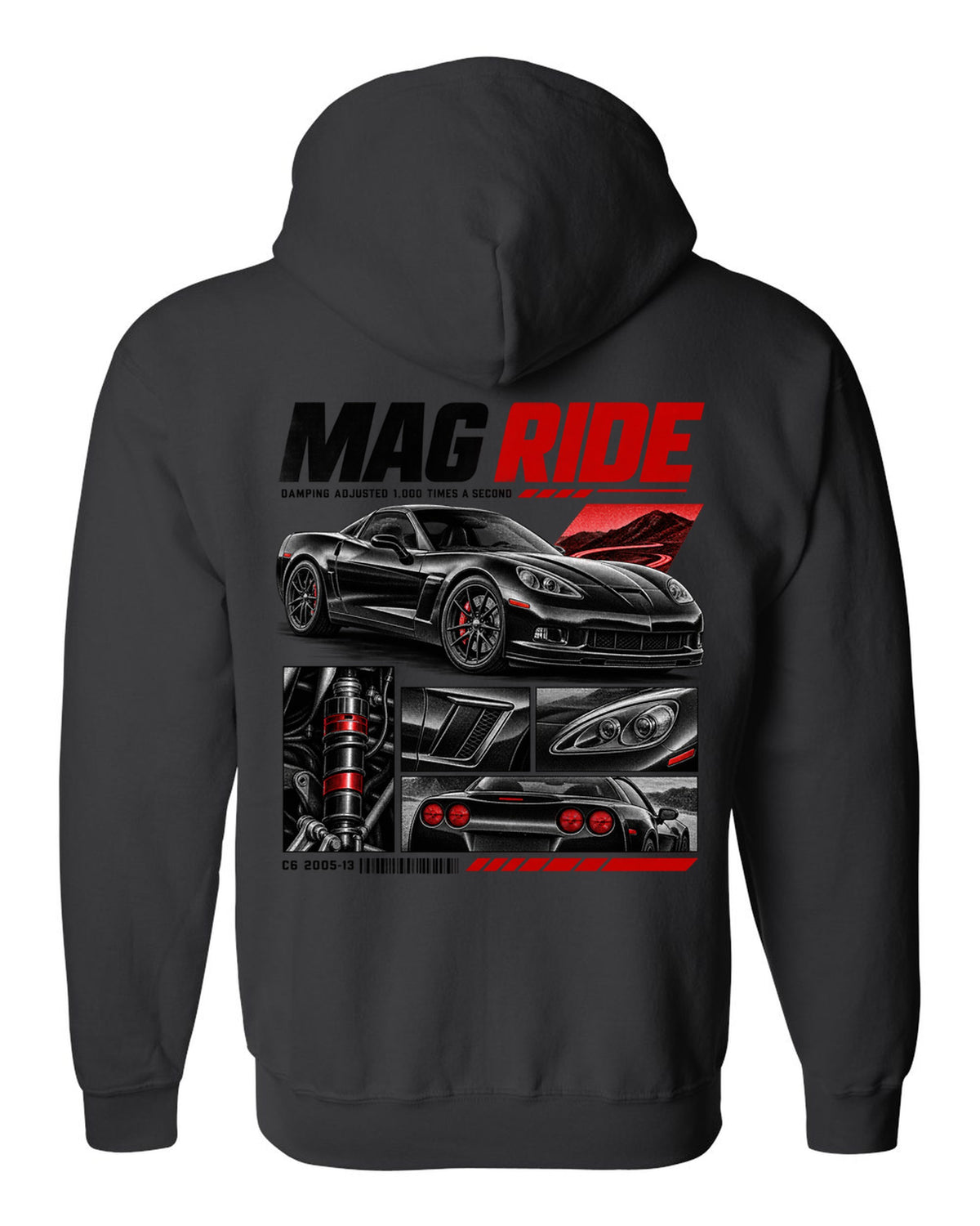 Corvette C6 coupe in dossier panels with magnetic ride text black zip hoodie back view with the design