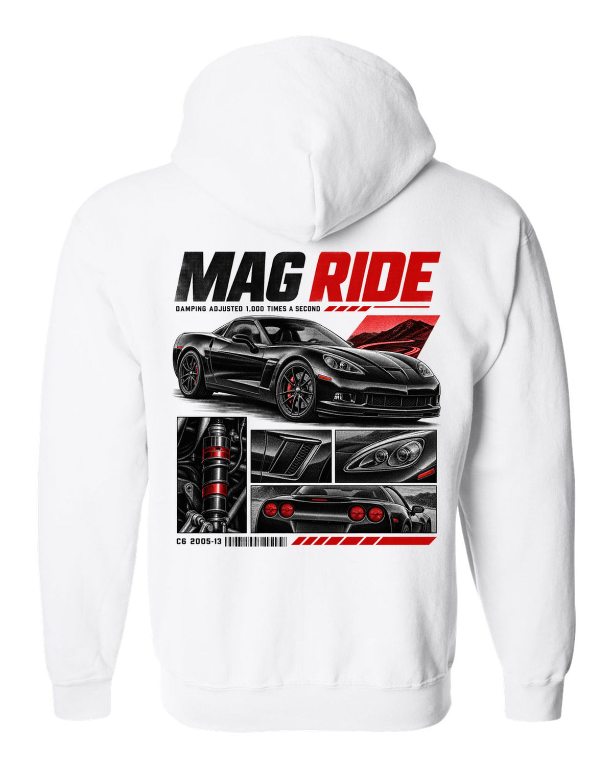 Corvette C6 coupe in dossier panels with magnetic ride text white zip hoodie back view with the design