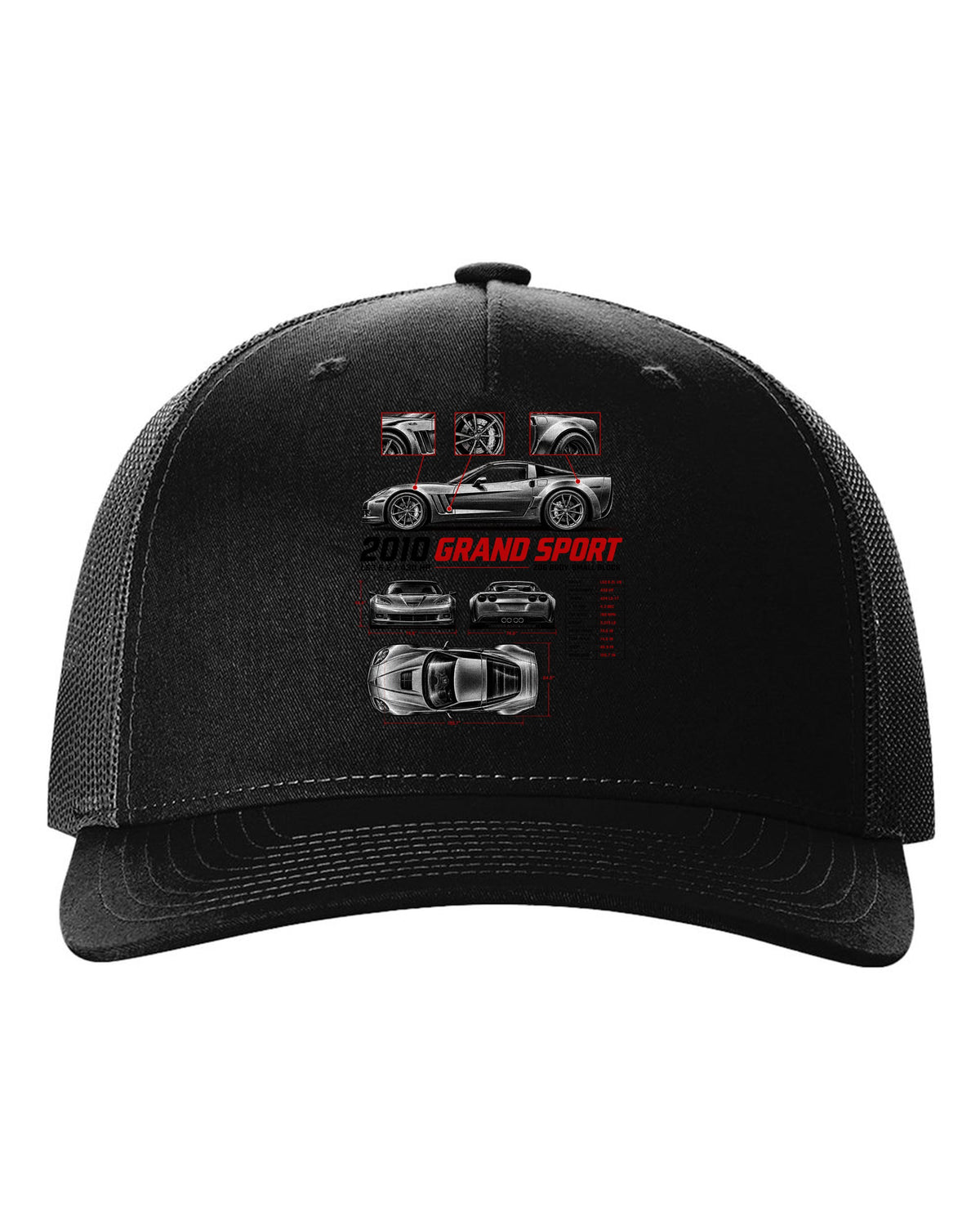 Corvette C6 Grand Sport 2010 with wide haunches, spec poster black hat front view with the design