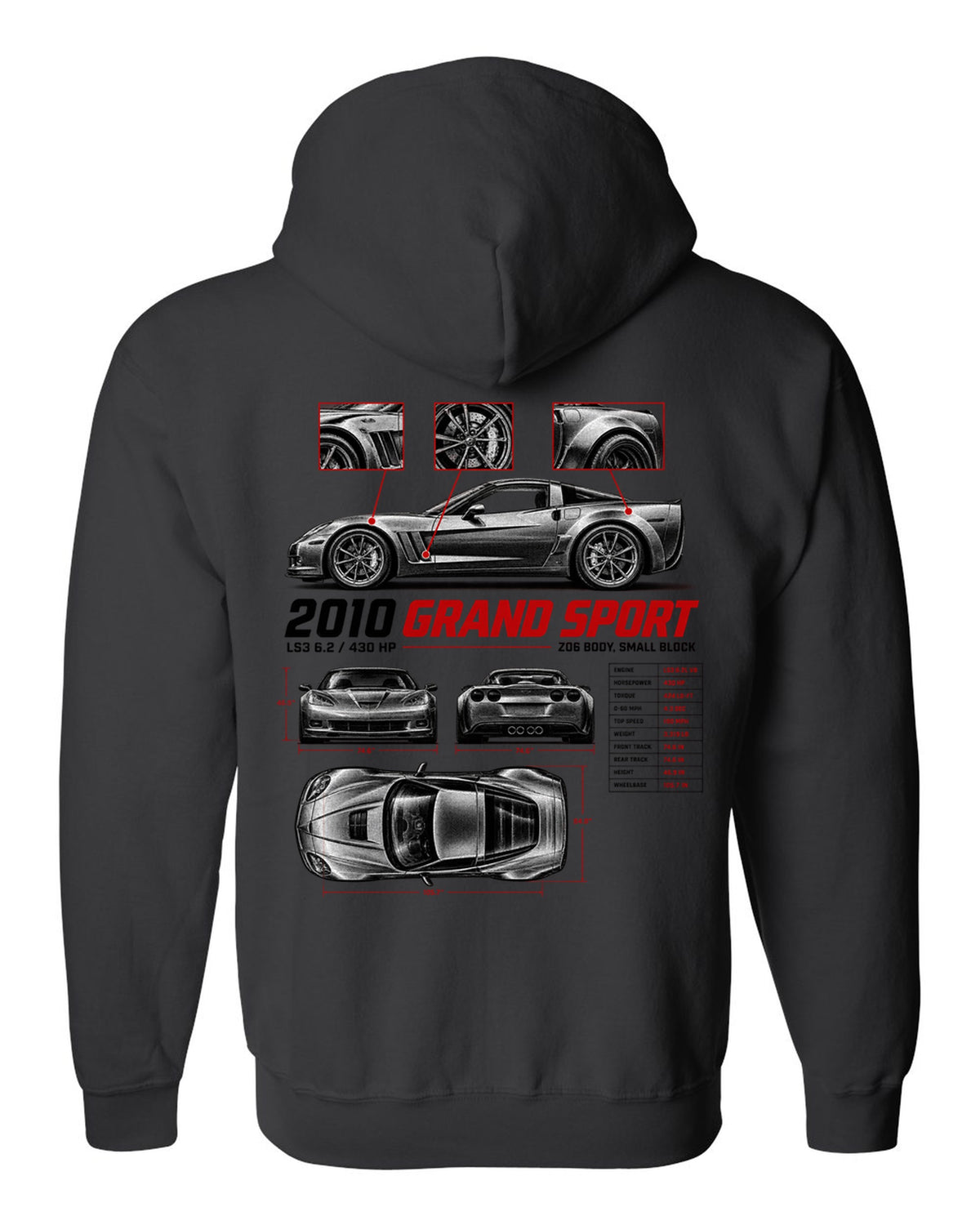Corvette C6 Grand Sport 2010 with wide haunches, spec poster black zip hoodie back view with the design