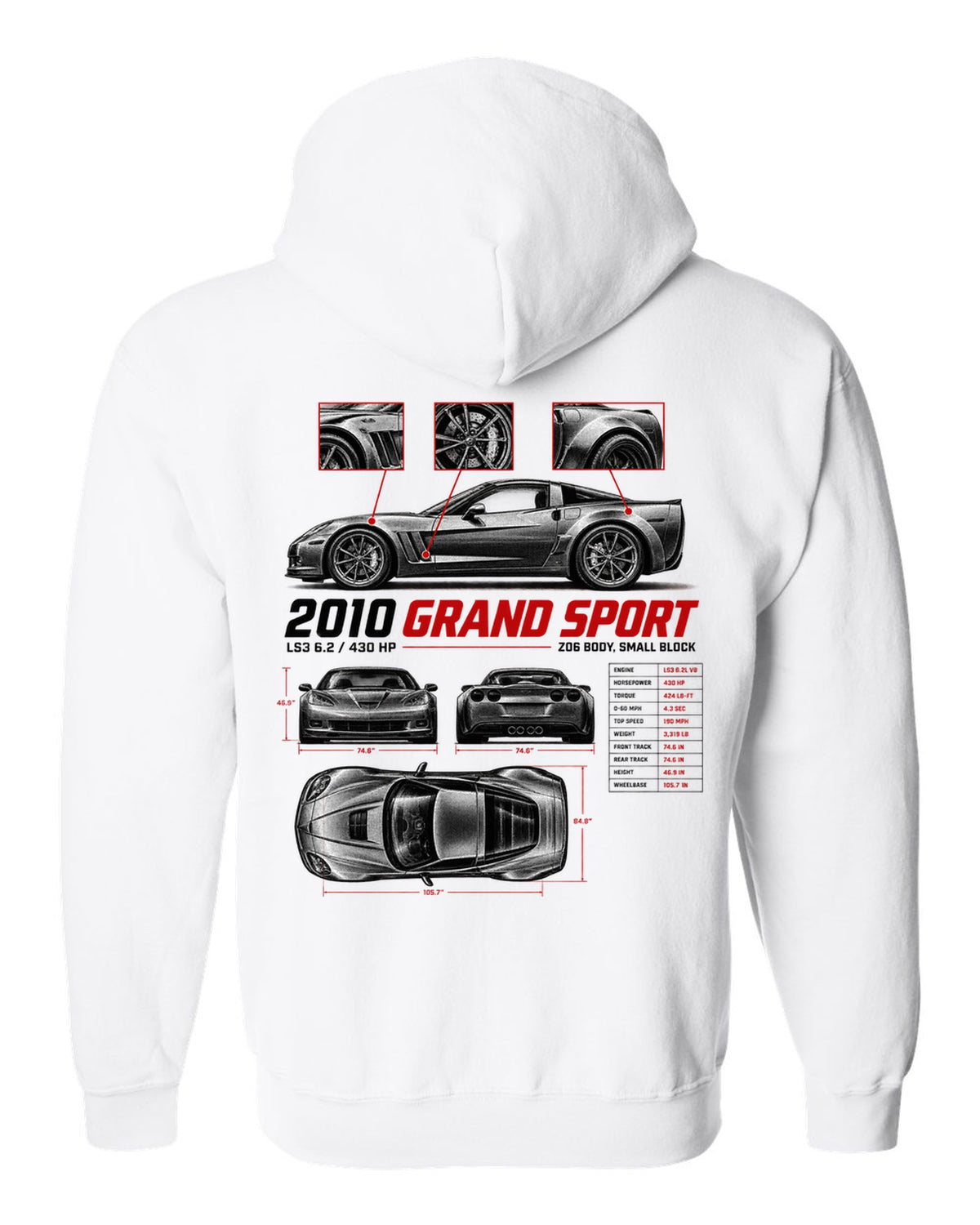 Corvette C6 Grand Sport 2010 with wide haunches, spec poster white zip hoodie back view with the design