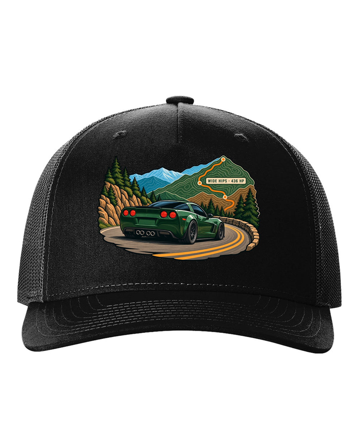 Topographic contour map print of a 2010 Chevrolet Corvette C6 Grand Sport with Wide Hips 436 HP text black hat front view with the design