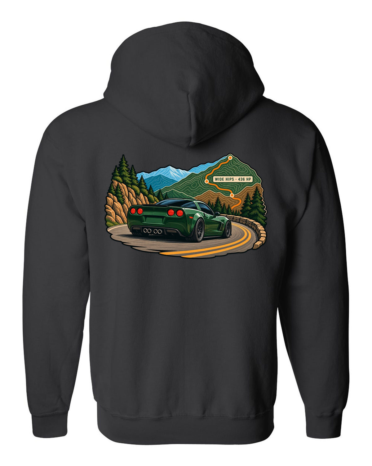 Topographic contour map print of a 2010 Chevrolet Corvette C6 Grand Sport with Wide Hips 436 HP text black zip hoodie back view with the design