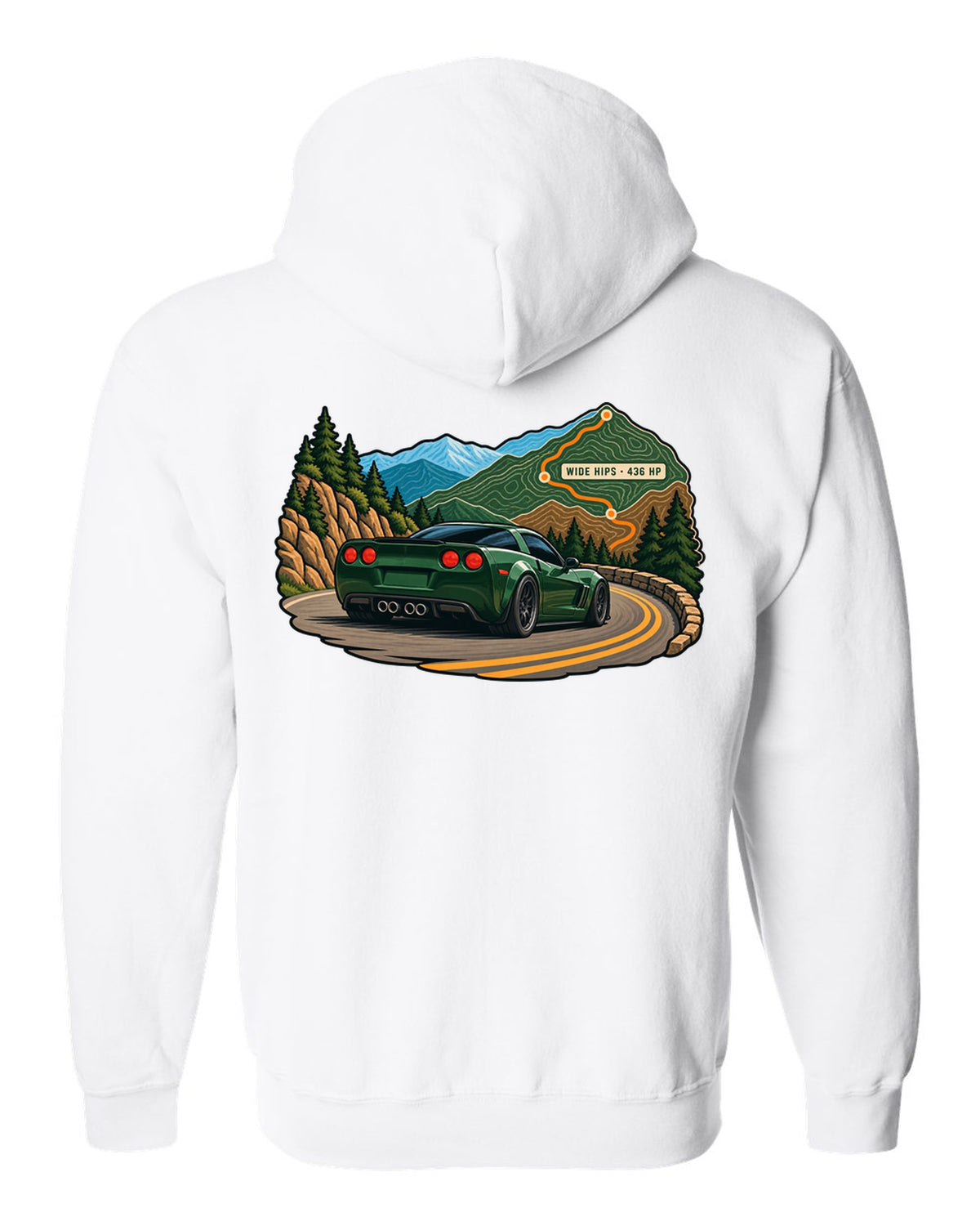 Topographic contour map print of a 2010 Chevrolet Corvette C6 Grand Sport with Wide Hips 436 HP text white zip hoodie back view with the design