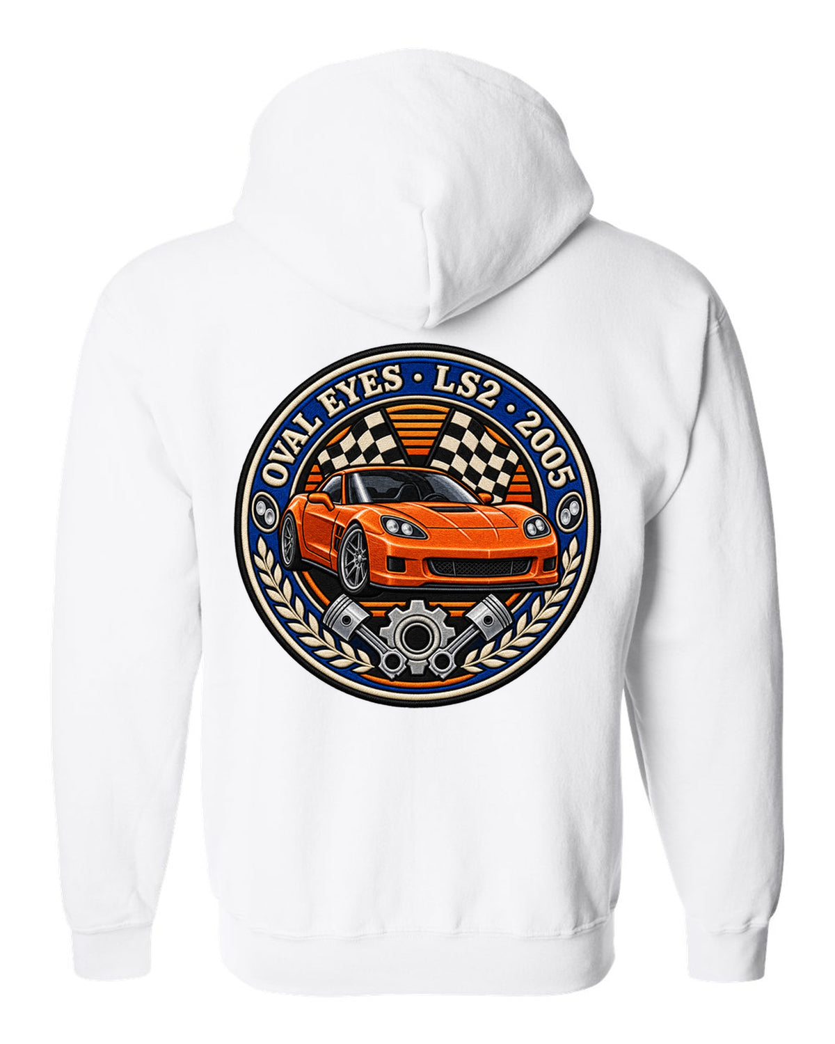 Varsity crest embroidery style print for a 2005 Chevrolet Corvette C6 coupe with Oval Eyes LS2 lettering white zip hoodie back view with the design