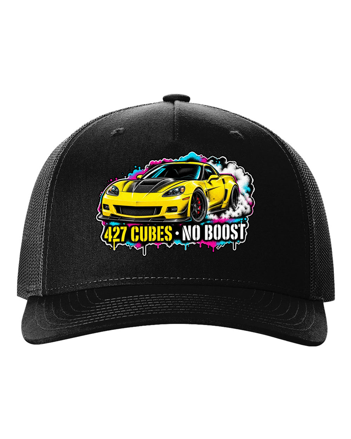 Stencil spray street art print of a 2006 Chevrolet Corvette C6 Z06 with 427 cubes no boost lettering black hat front view with the design
