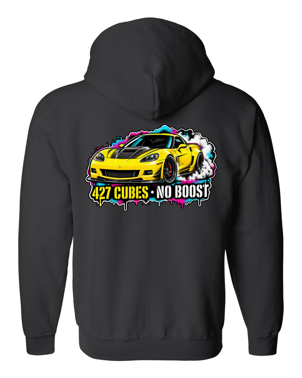Stencil spray street art print of a 2006 Chevrolet Corvette C6 Z06 with 427 cubes no boost lettering black zip hoodie back view with the design