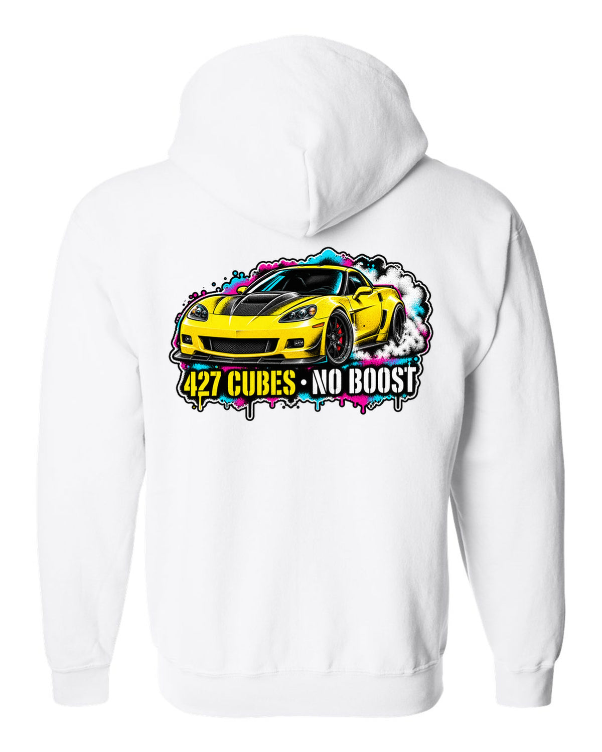 Stencil spray street art print of a 2006 Chevrolet Corvette C6 Z06 with 427 cubes no boost lettering white zip hoodie back view with the design