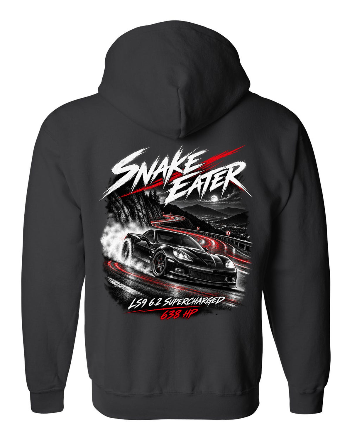 Corvette C6 ZR1 supercharged on a night mountain road black zip hoodie back view with the design