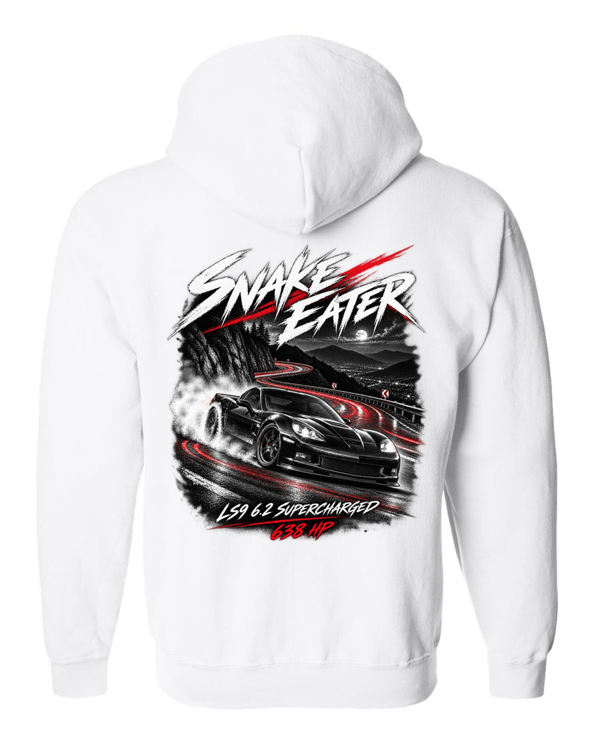 Corvette C6 ZR1 supercharged on a night mountain road white zip hoodie back view with the design