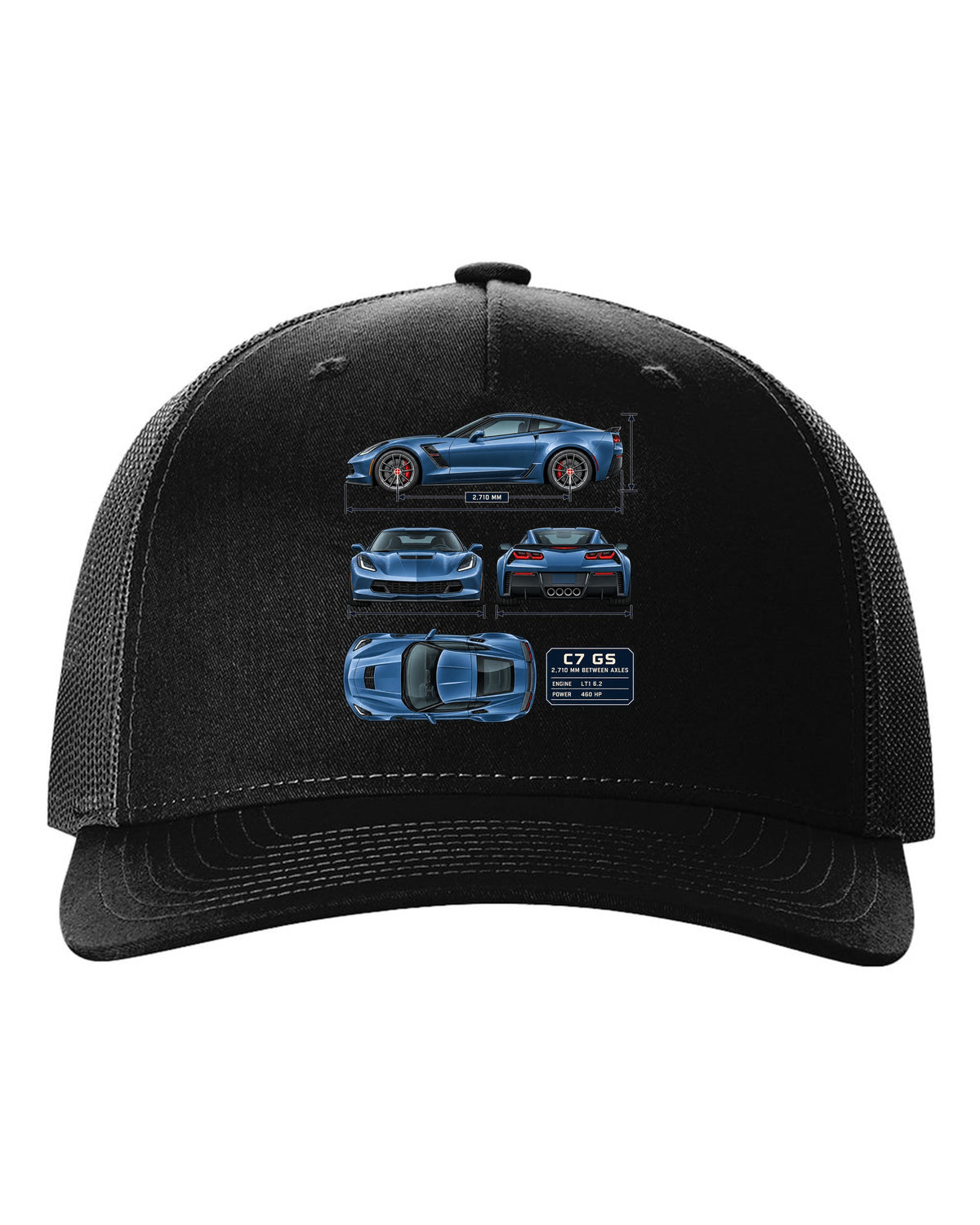 print of a Chevrolet Corvette C7 Grand Sport dimension blueprint with 2,710 mm wheelbase black hat front view with the design
