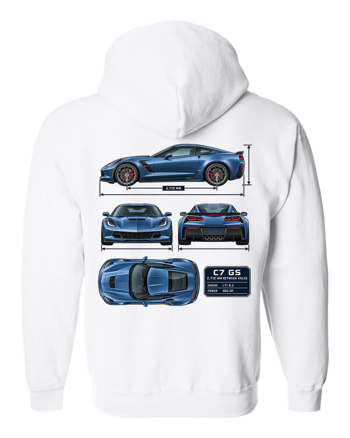 print of a Chevrolet Corvette C7 Grand Sport dimension blueprint with 2,710 mm wheelbase white zip hoodie back view with the design
