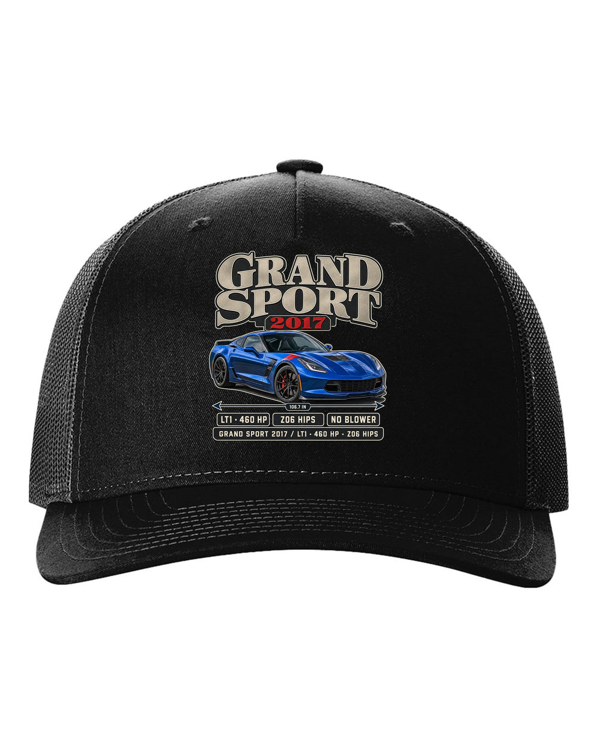 print of a Chevrolet Corvette C7 Grand Sport archive panel with LT1 and 460 HP text black hat front view with the design