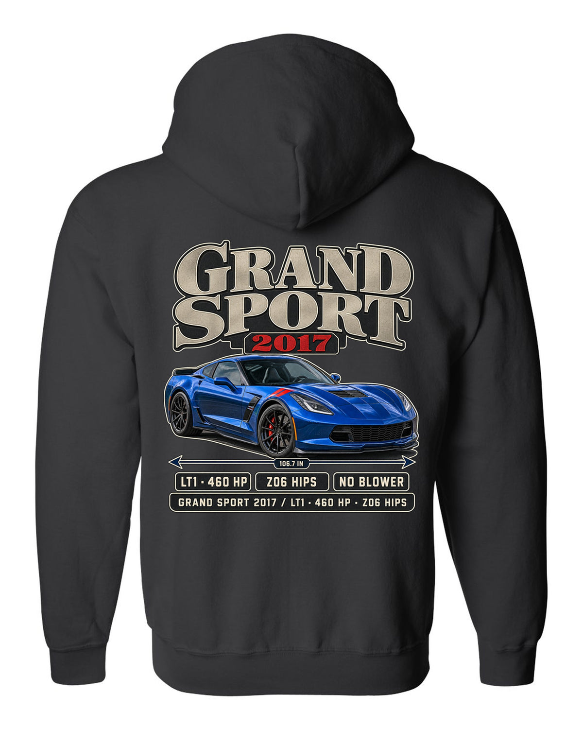 print of a Chevrolet Corvette C7 Grand Sport archive panel with LT1 and 460 HP text black zip hoodie back view with the design