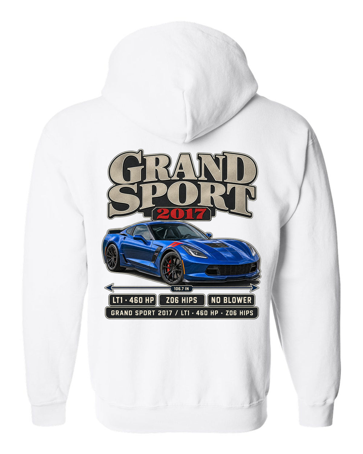 print of a Chevrolet Corvette C7 Grand Sport archive panel with LT1 and 460 HP text white zip hoodie back view with the design