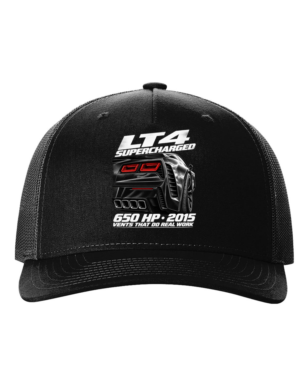 Corvette C7 Z06 rear vents close-up with LT4 650 HP text black hat front view with the design