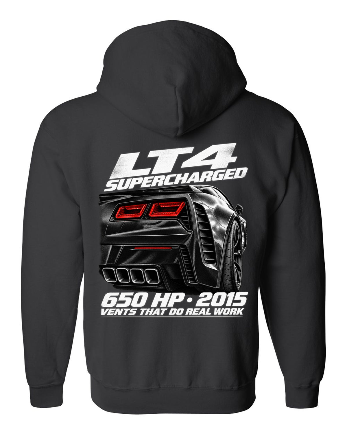 Corvette C7 Z06 rear vents close-up with LT4 650 HP text black zip hoodie back view with the design
