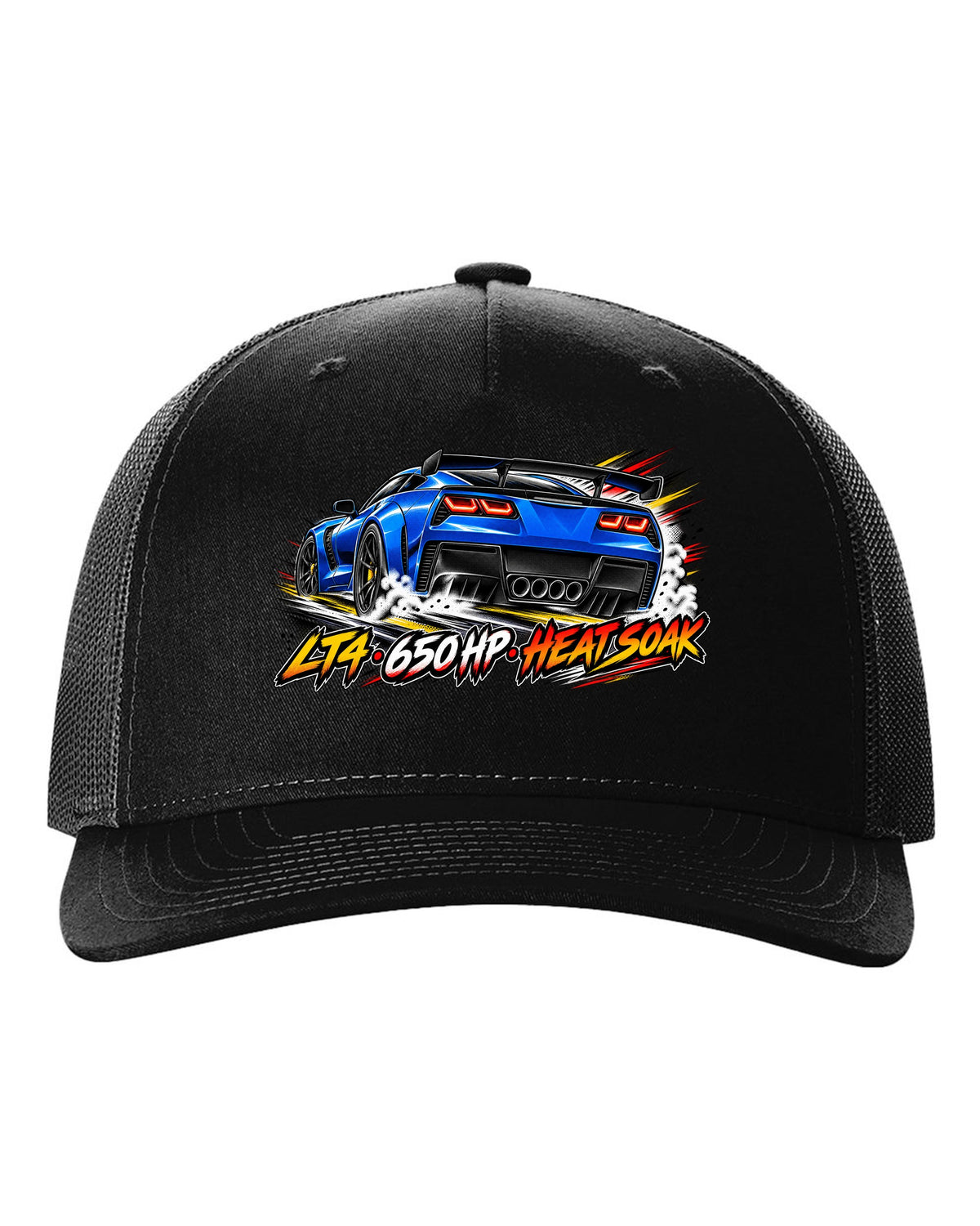 Retro manga halftone panel print of a 2016 Chevrolet Corvette C7 Z06 with LT4 650 HP heat soak lettering black hat front view with the design