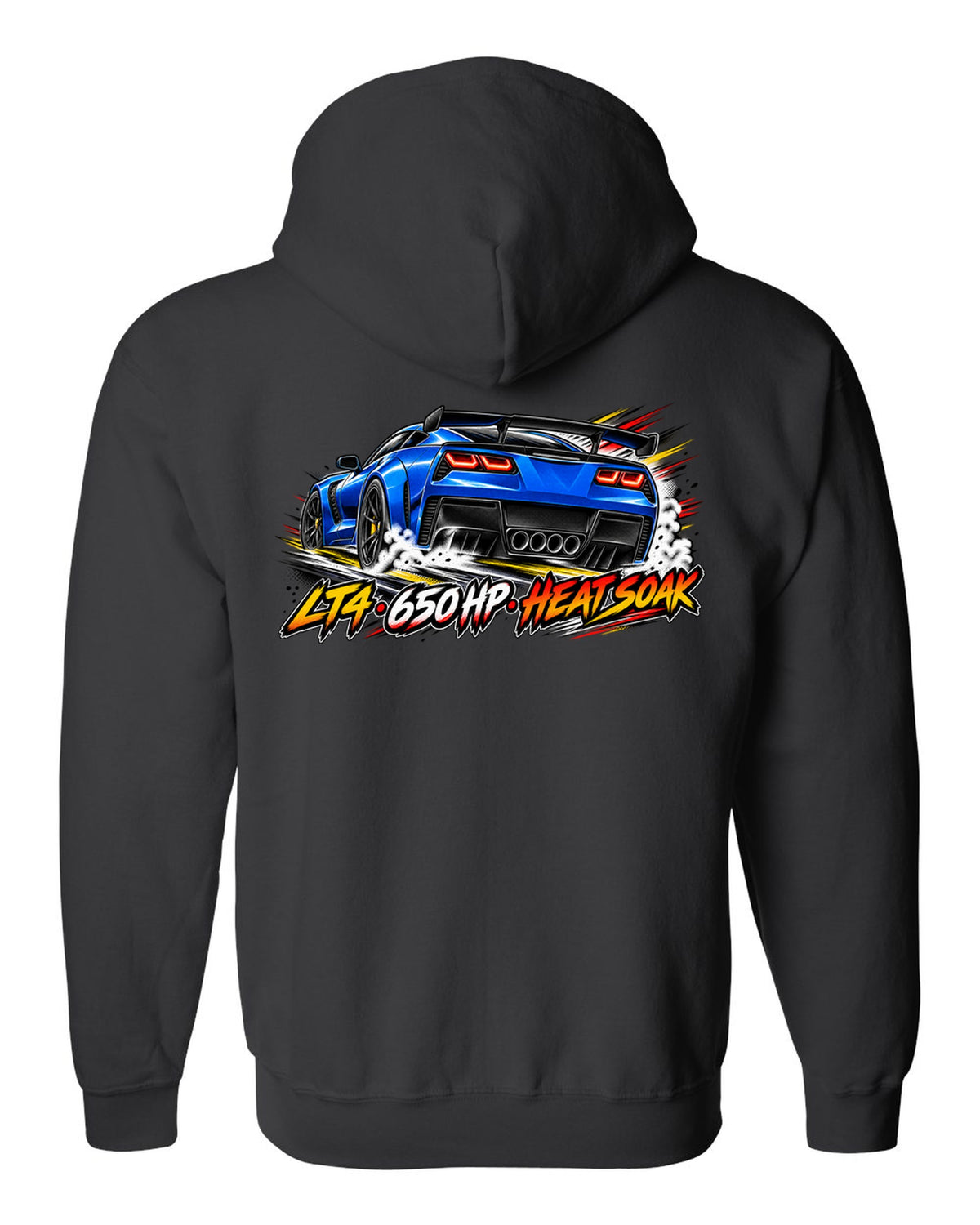 Retro manga halftone panel print of a 2016 Chevrolet Corvette C7 Z06 with LT4 650 HP heat soak lettering black zip hoodie back view with the design
