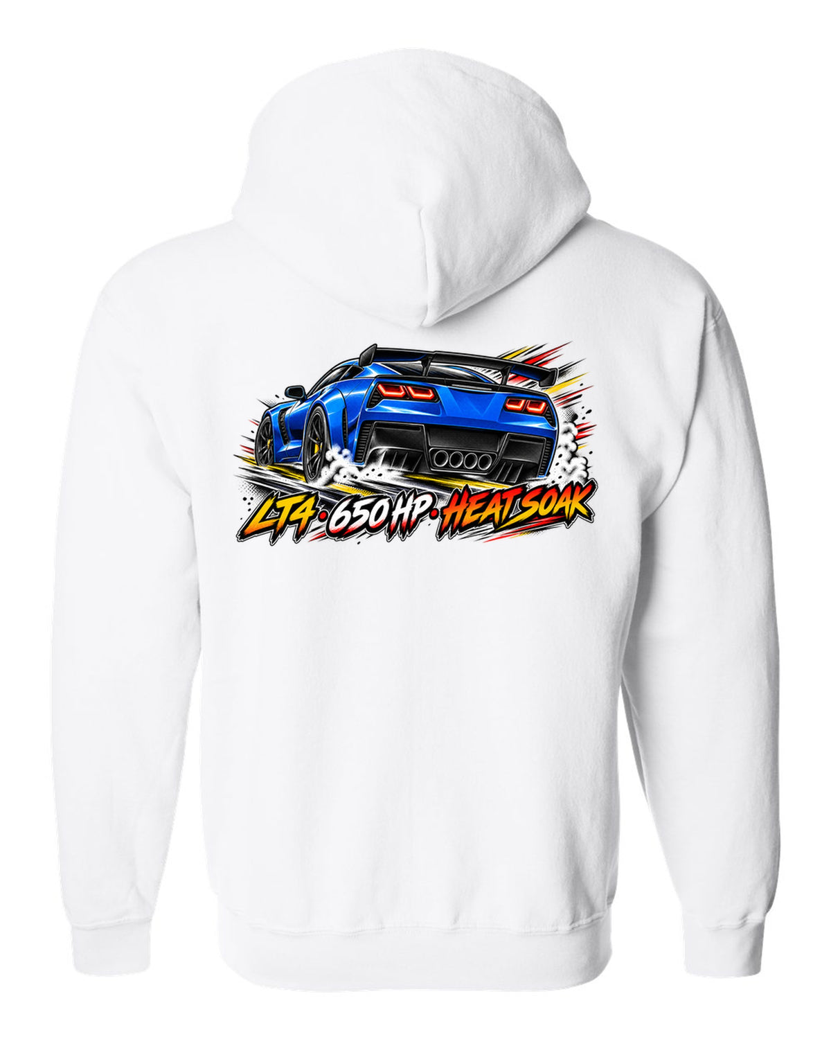 Retro manga halftone panel print of a 2016 Chevrolet Corvette C7 Z06 with LT4 650 HP heat soak lettering white zip hoodie back view with the design