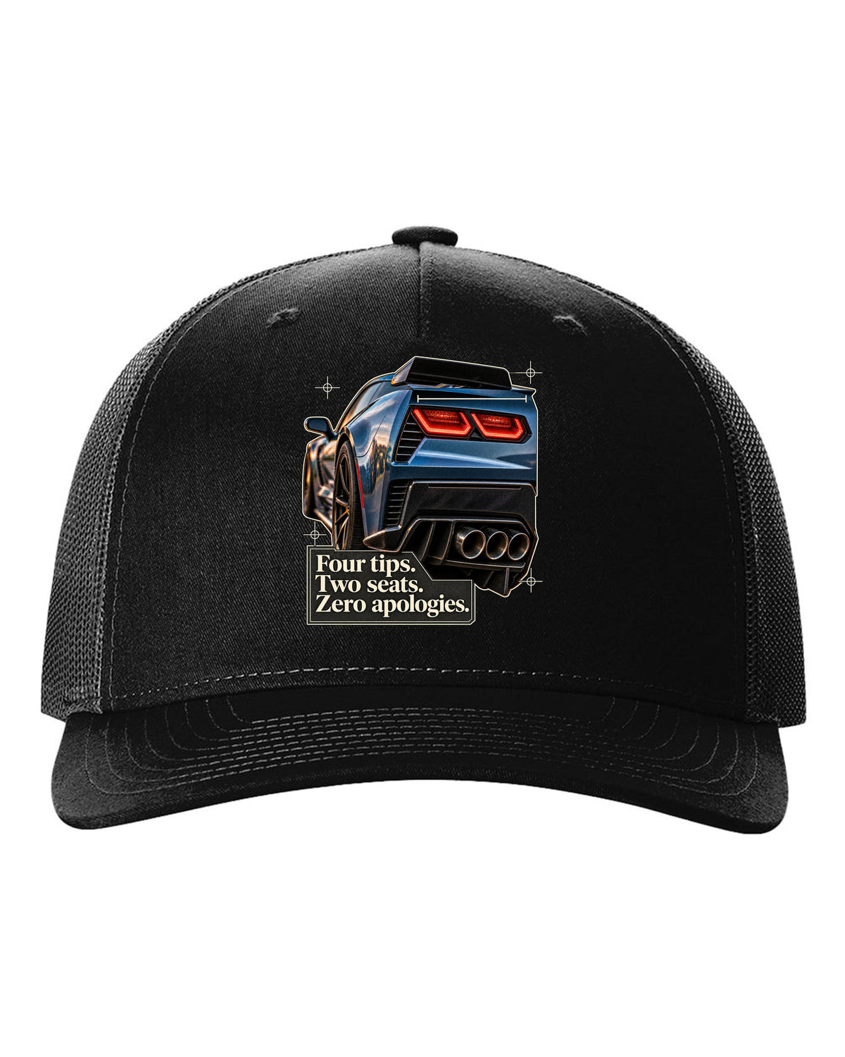 print of a Chevrolet Corvette C7 Z06 rear tail macro with four exhaust tips text black hat front view with the design