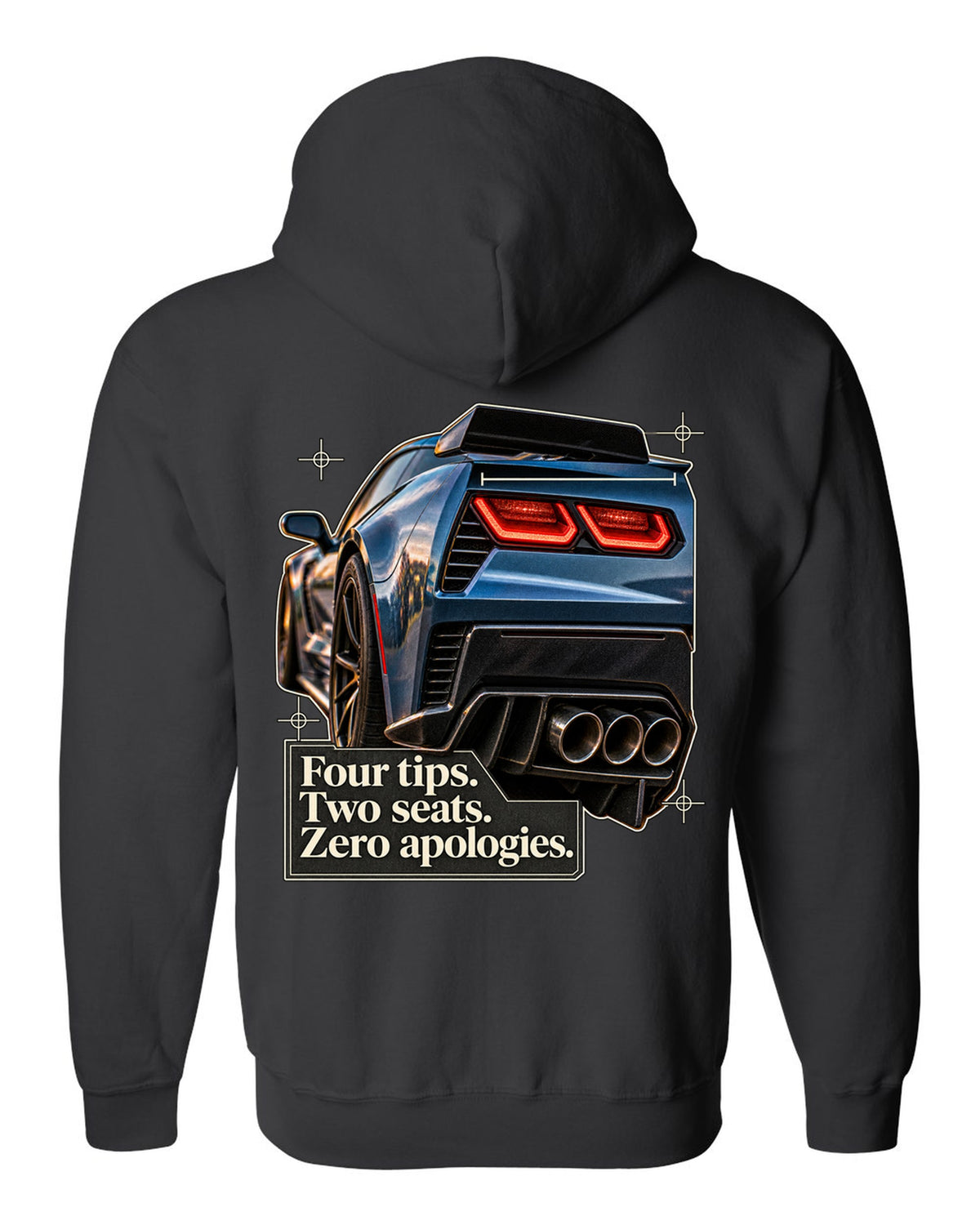print of a Chevrolet Corvette C7 Z06 rear tail macro with four exhaust tips text black zip hoodie back view with the design