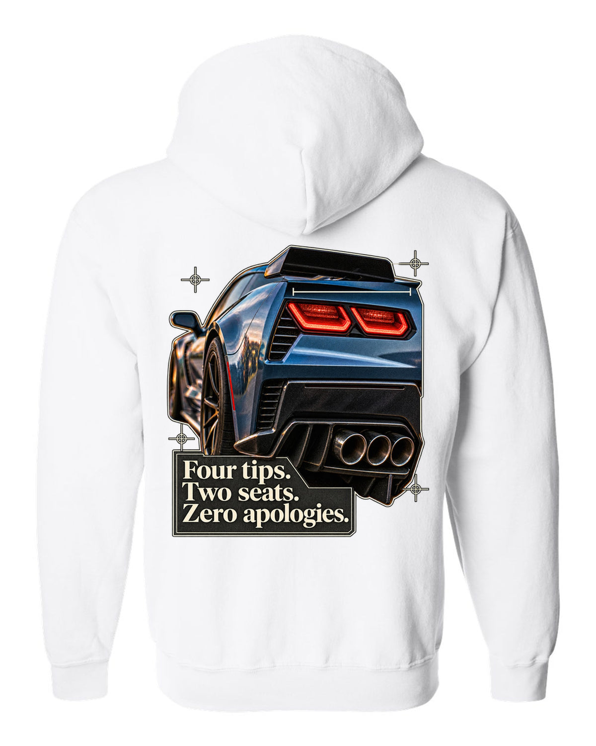 print of a Chevrolet Corvette C7 Z06 rear tail macro with four exhaust tips text white zip hoodie back view with the design