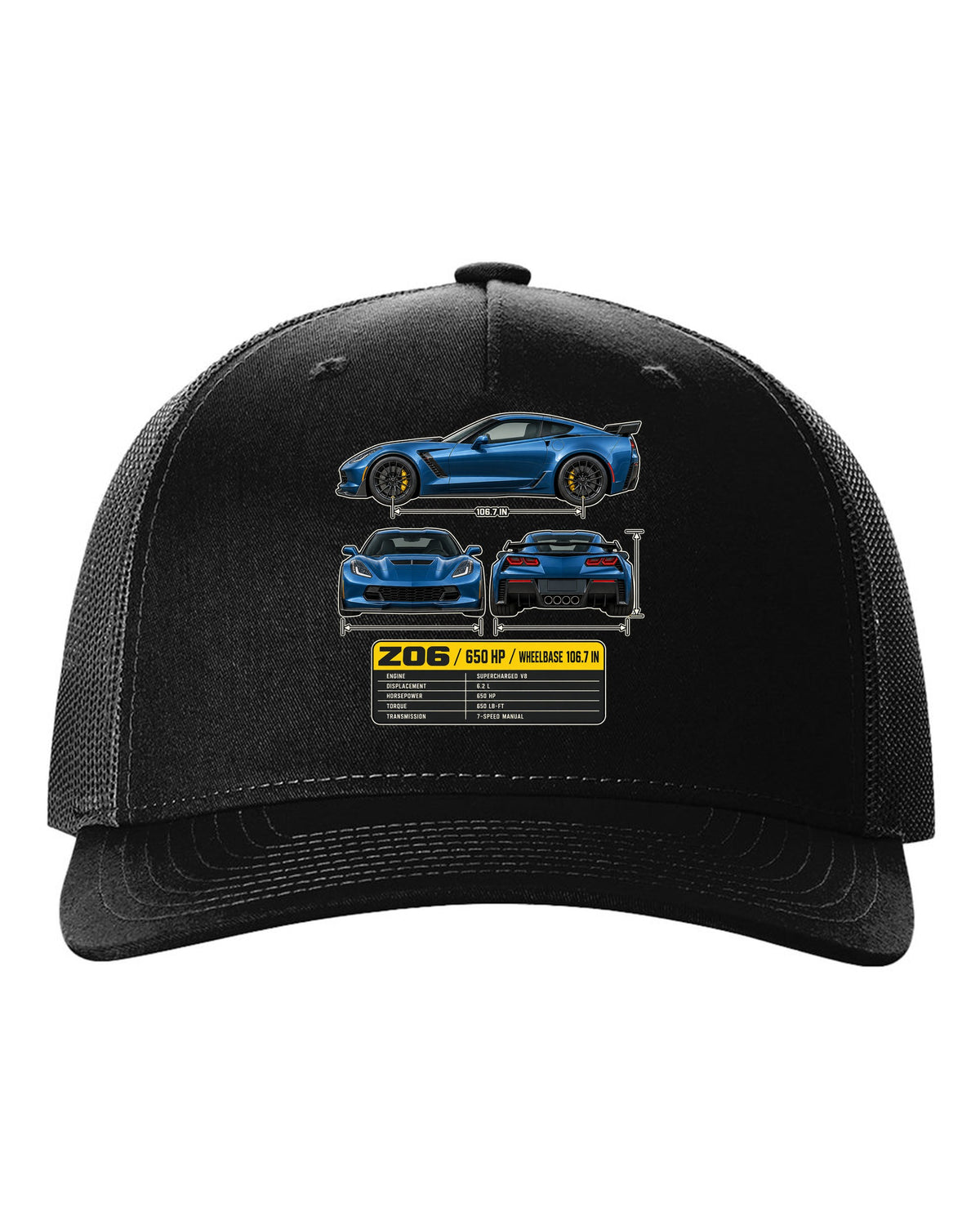 print of a Chevrolet Corvette C7 Z06 three-view drawing with a spec table black hat front view with the design