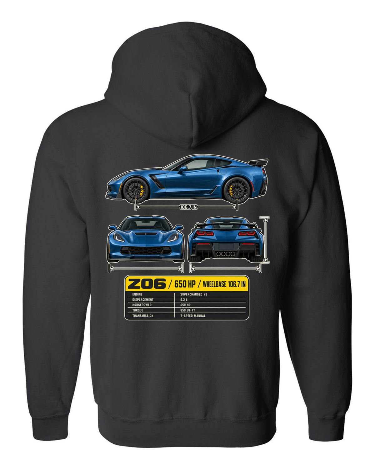 print of a Chevrolet Corvette C7 Z06 three-view drawing with a spec table black zip hoodie back view with the design