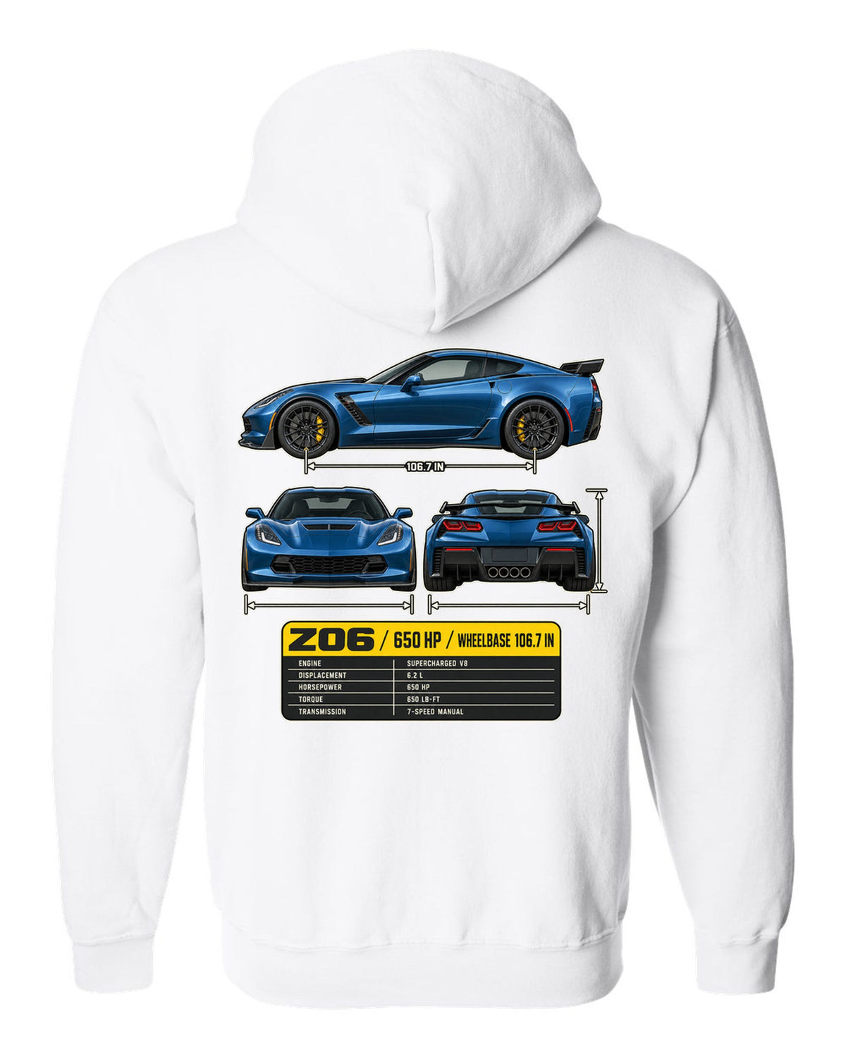 print of a Chevrolet Corvette C7 Z06 three-view drawing with a spec table white zip hoodie back view with the design