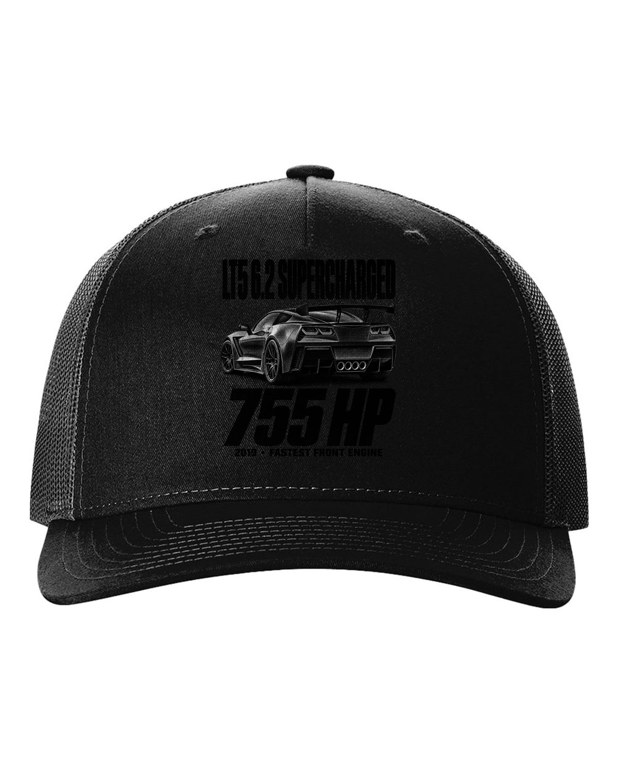 Corvette C7 ZR1 2019 halftone print with rear wing and vents black hat front view with the design