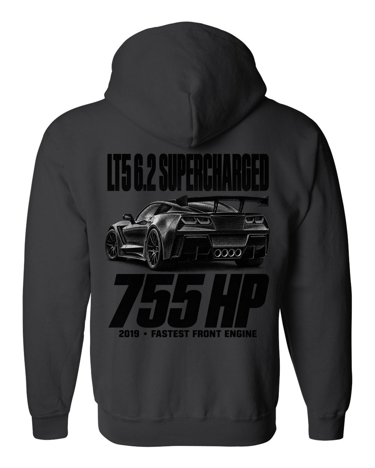Corvette C7 ZR1 2019 halftone print with rear wing and vents black zip hoodie back view with the design
