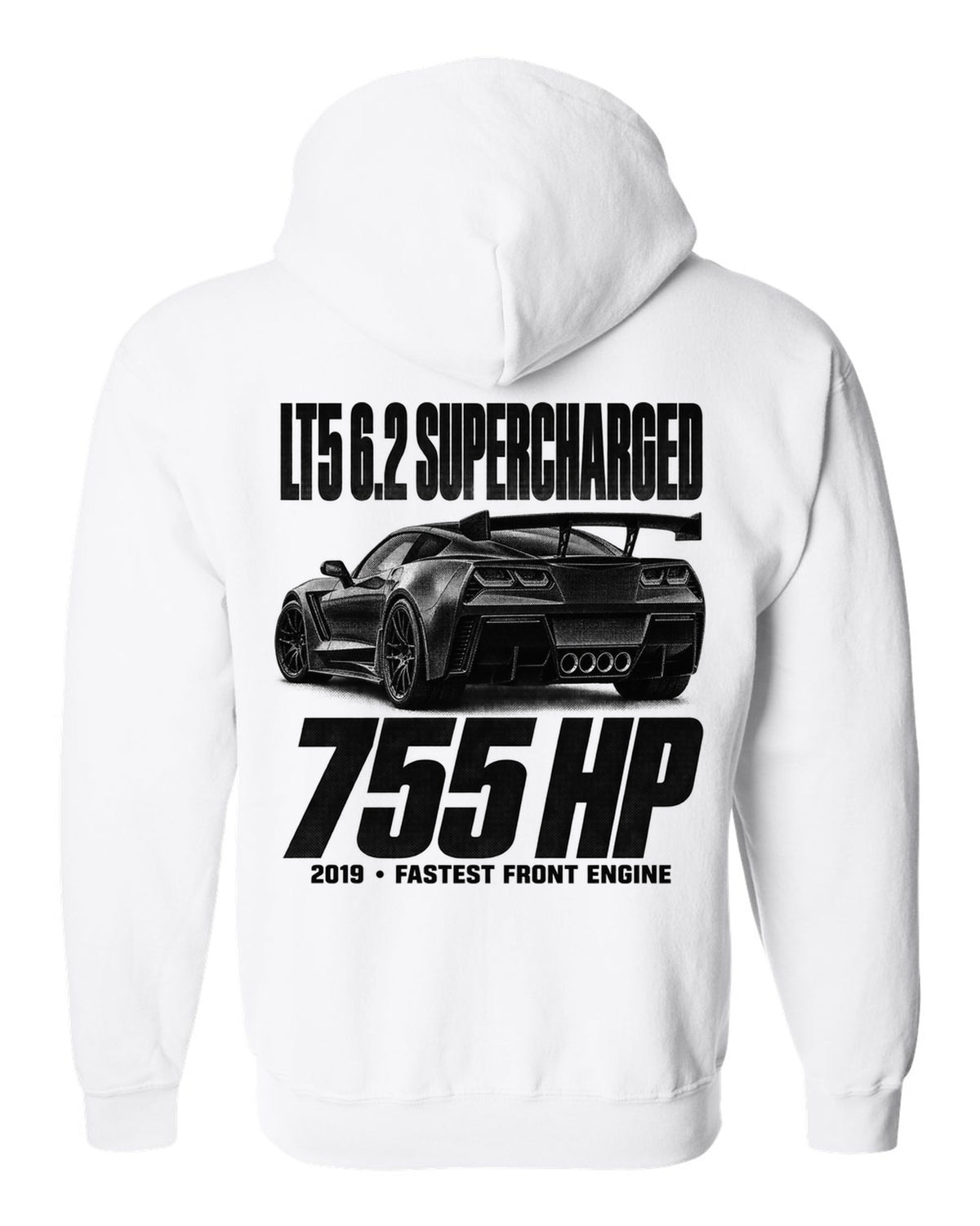 Corvette C7 ZR1 2019 halftone print with rear wing and vents white zip hoodie back view with the design