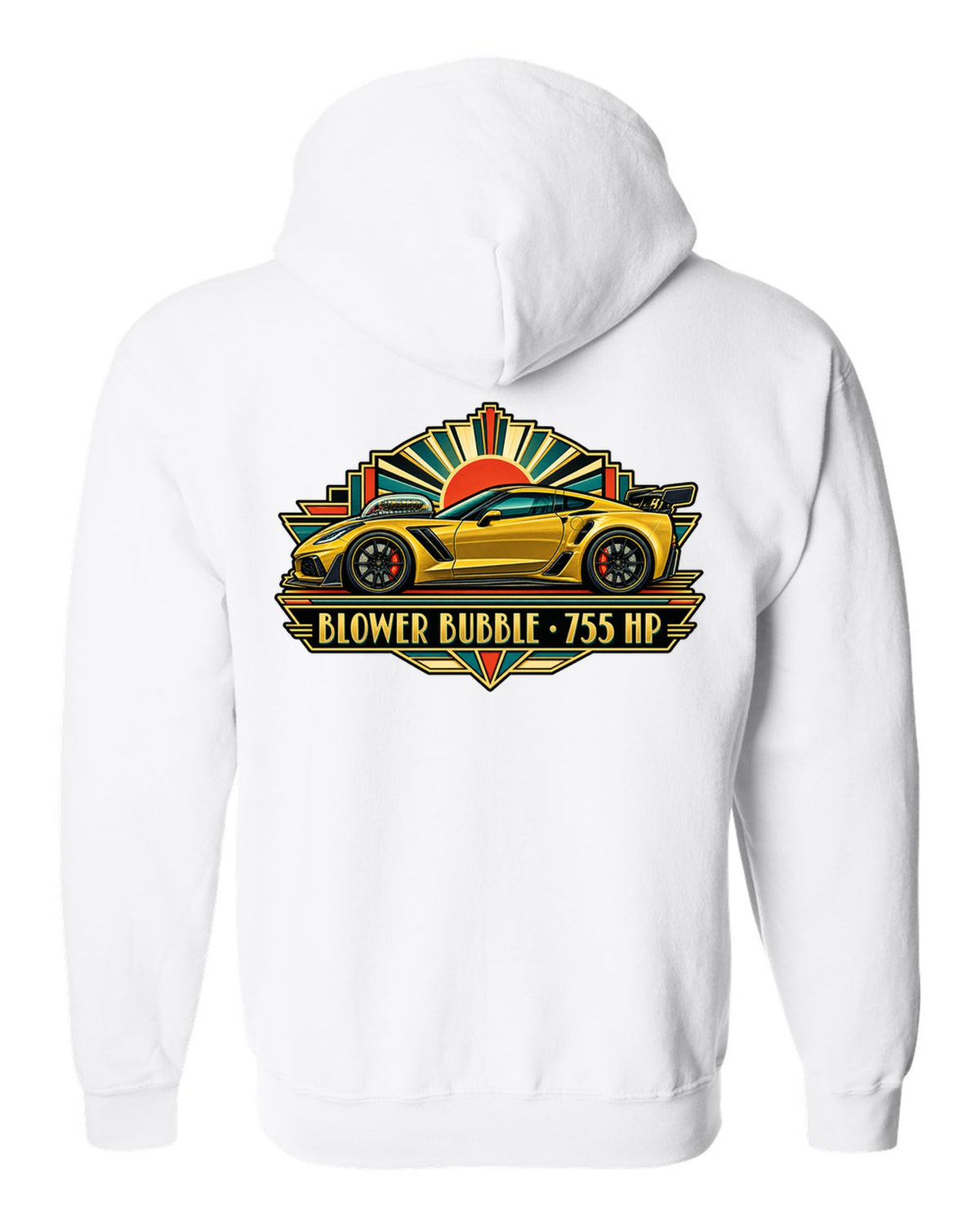 Art deco racing poster print of a 2019 Chevrolet Corvette C7 ZR1 with 755 HP blower bubble lettering white zip hoodie back view with the design