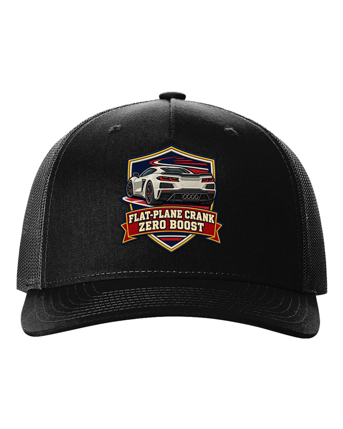 Graffiti street stencil of a 2019 C7 ZR1 Corvette with supercharger window on a wall black hat front view with the design