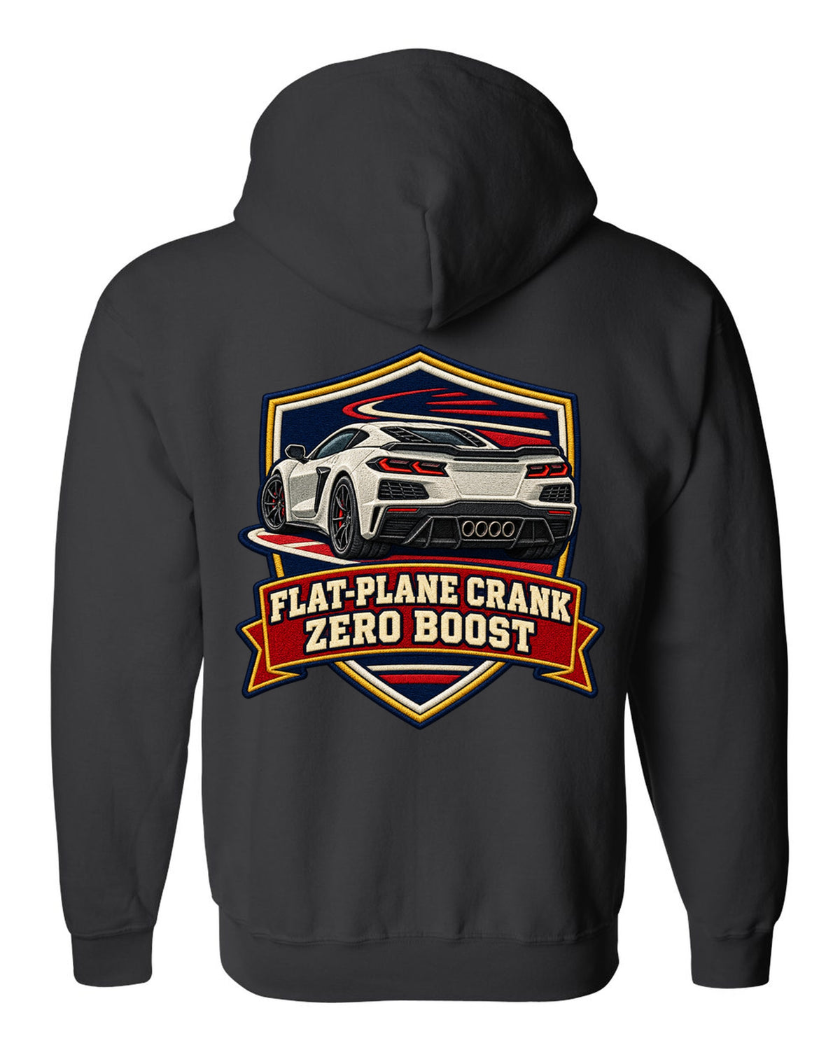 Graffiti street stencil of a 2019 C7 ZR1 Corvette with supercharger window on a wall black zip hoodie back view with the design