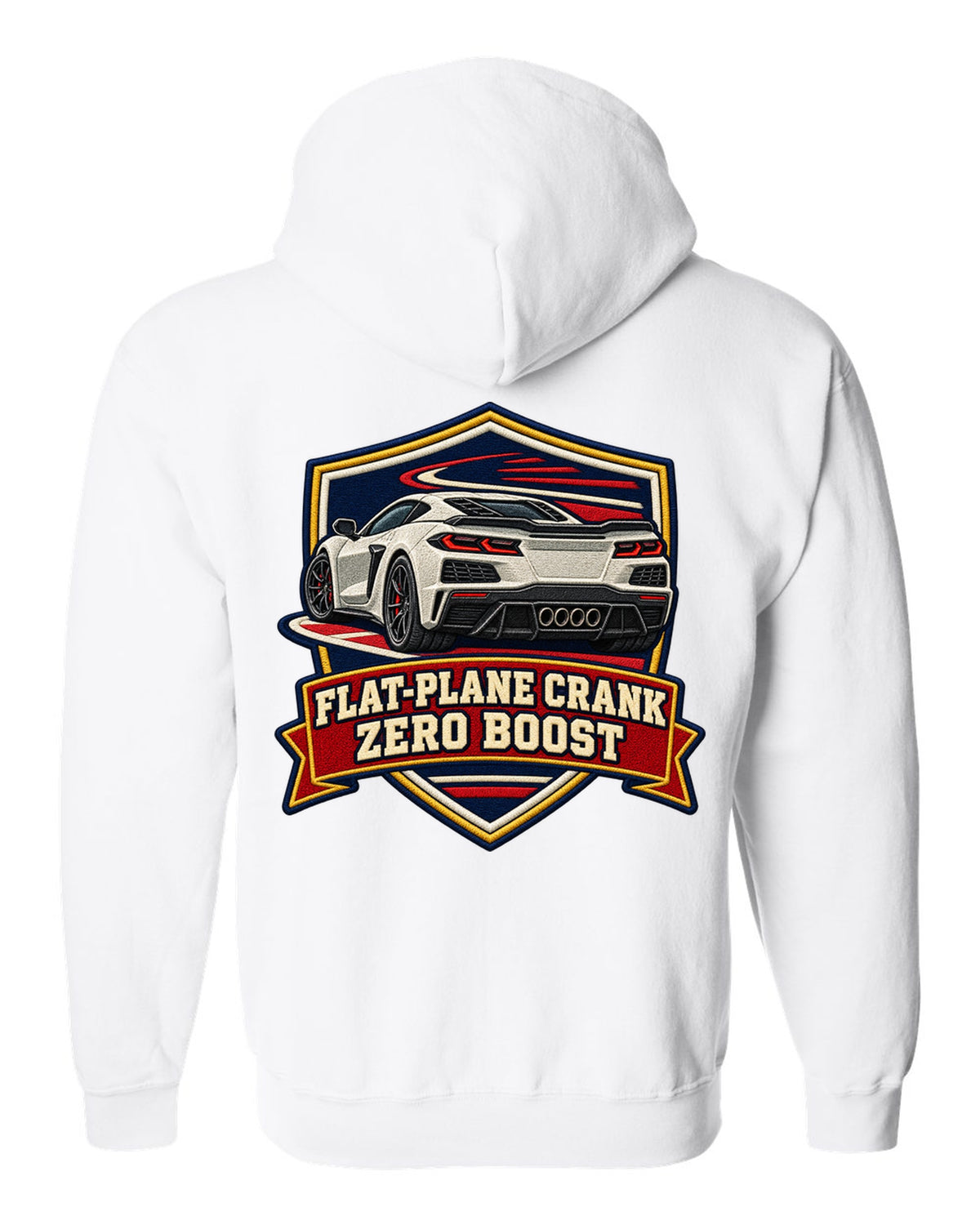 Graffiti street stencil of a 2019 C7 ZR1 Corvette with supercharger window on a wall white zip hoodie back view with the design